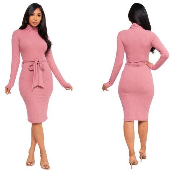 10 Ten Dresses & Skirts - Midi Dress In Marsala Pink Belted Ribbed Long Sleeve Knit- MEDIUM